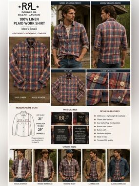 RRL Double RL Ralph Lauren Linen Plaid Work Shirt Men's Small Red Blue Western